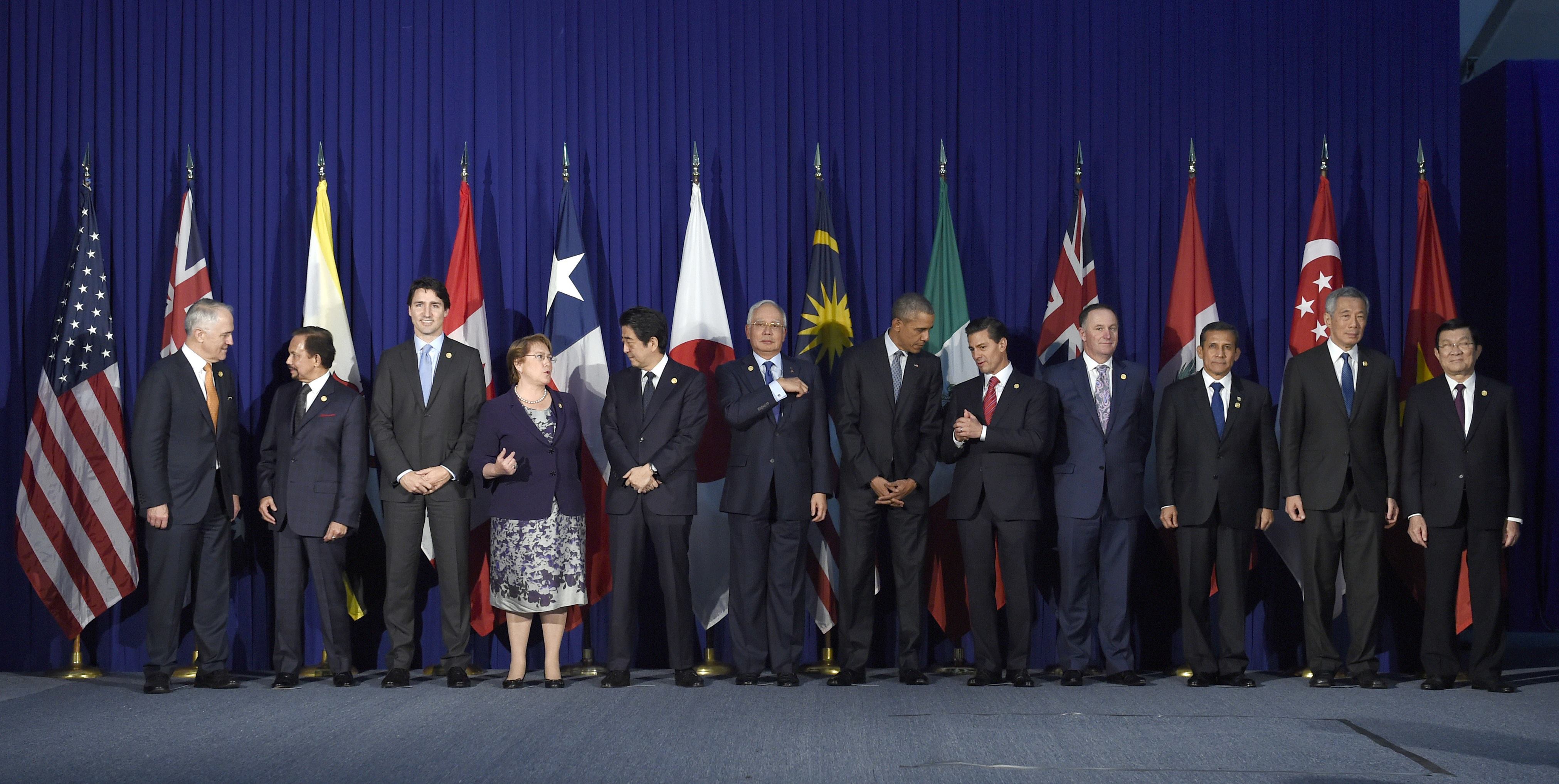 Líderes de los países de la Asociación Transpacífico en Manila, Filipinas, posan para la foto oficial de la cumbre de Cooperación Económica (18 noviembre 2015) (AP)