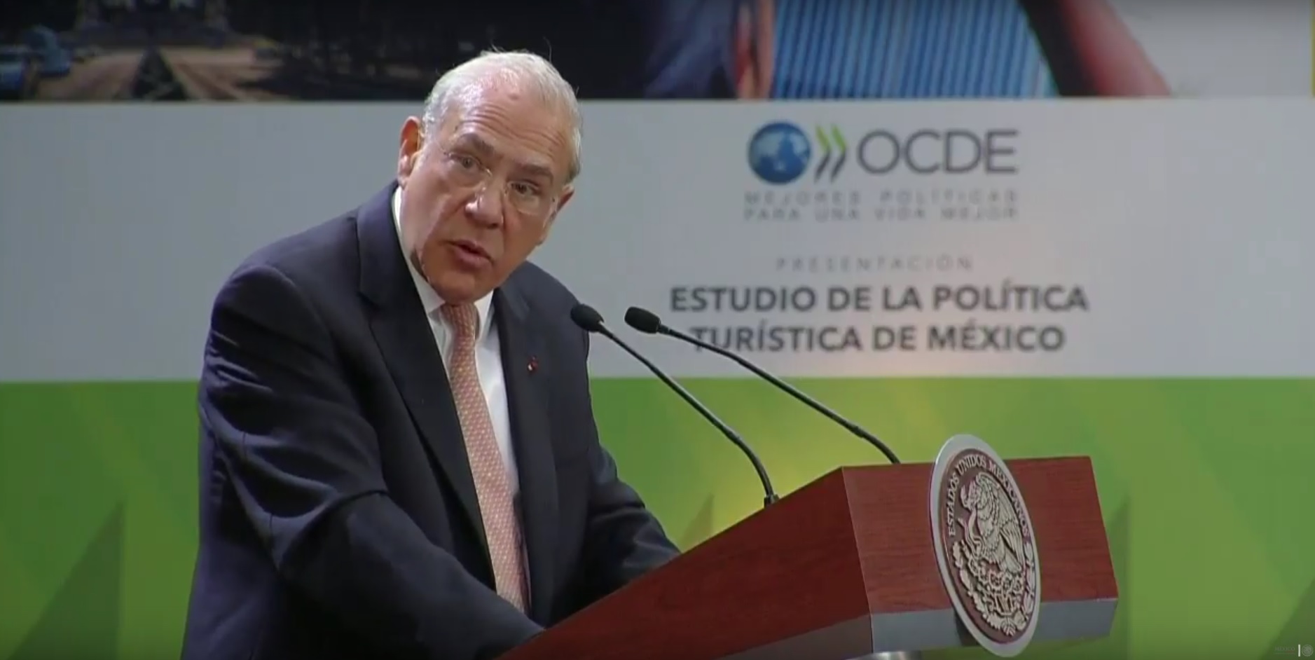 José Ángel Gurría, secretario general de la OCDE, durante la presentación del Estudio de Política Turística de México (Noticieros Televisa)