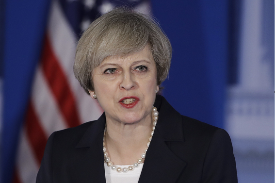 La primera ministra británica, Theresa May, durante una conferencia en Estados Unidos. (AP)