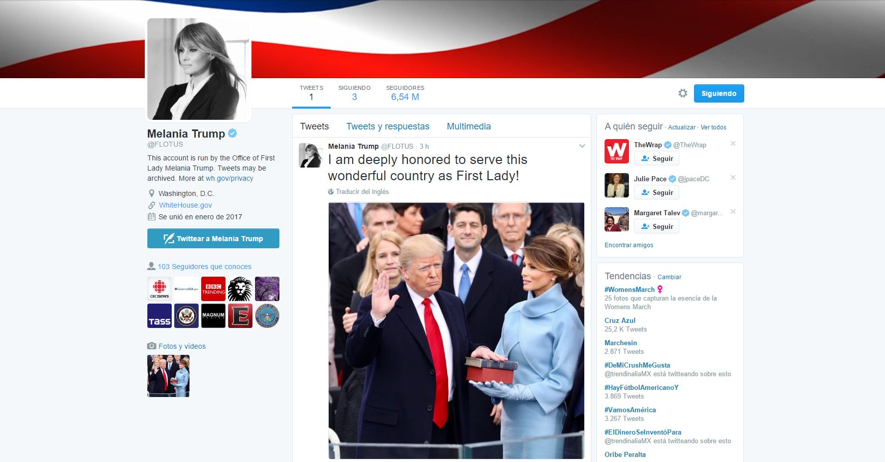 Melania Trump publica su primer mensaje en Twitter como Primera Dama