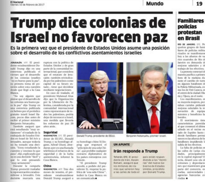 La versión impresa del diario “El Nacional” de República Dominicana muestra al comediante Alec Baldwin como el presidente Donald Trump, junto a una foto del primer ministro de Israel, Benjamin Netanyahu (AP)
