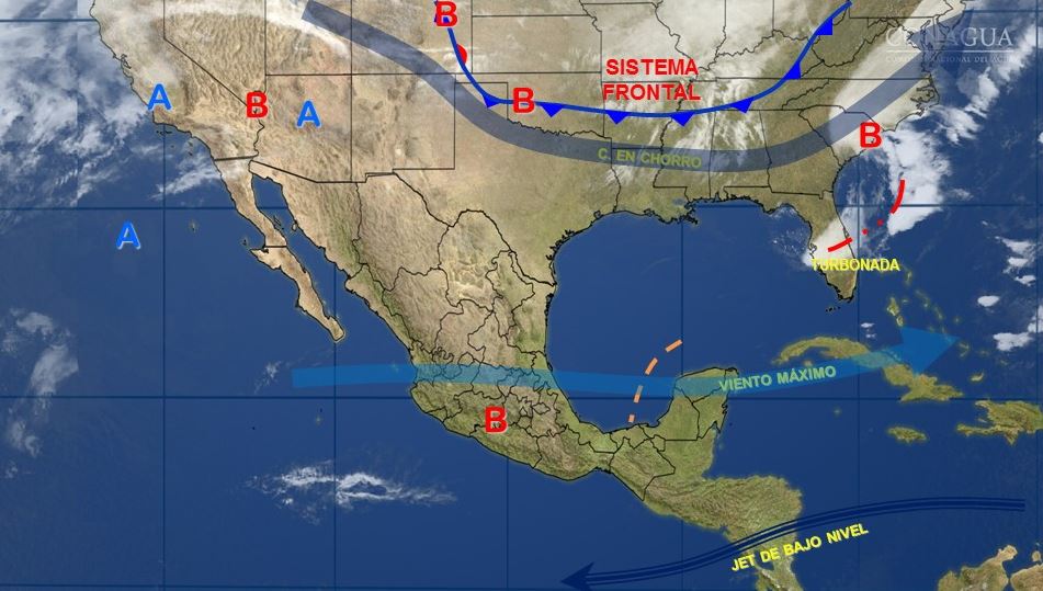 Mapa del Servicio Meteorológico Nacional donde se pronostica un ambiente cálido; un nuevo frente frío se acerca al norte de México