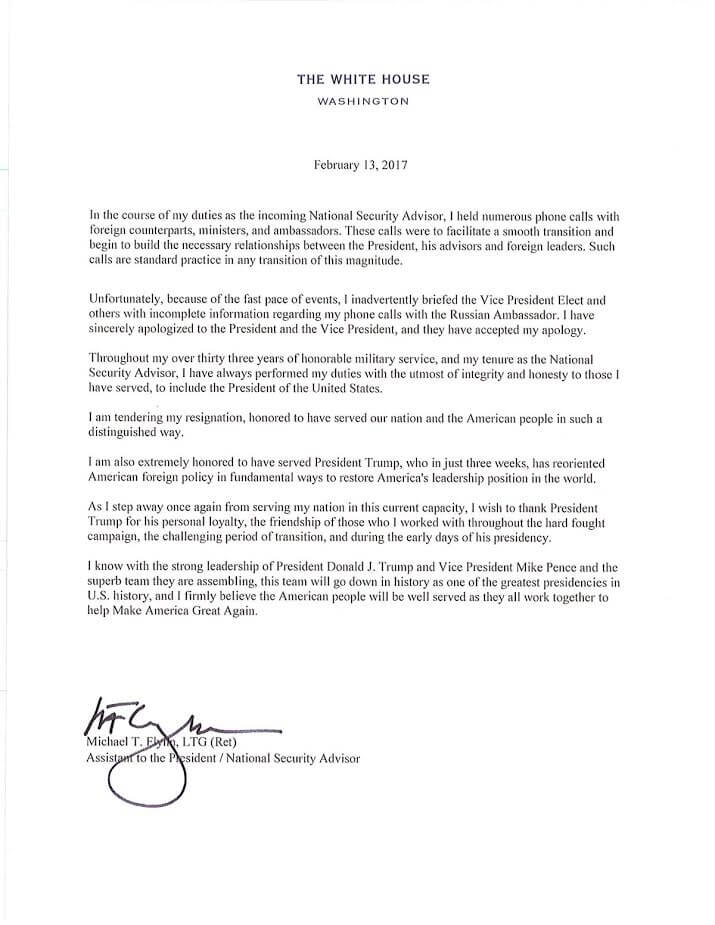 Carta de renuncia de Michael Flynn (NYT)