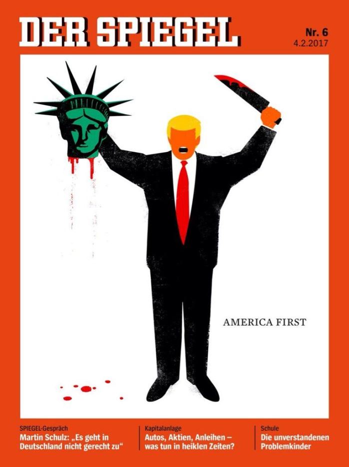La revista alemana Der Spiegel difundió la portada de su nuevo número, en la que aparece el presidente Donald Trump con la cabeza decapitada de la estatua de la libertad en una mano y un machete ensangrentado en la otra. (@DerSPIEGEL)