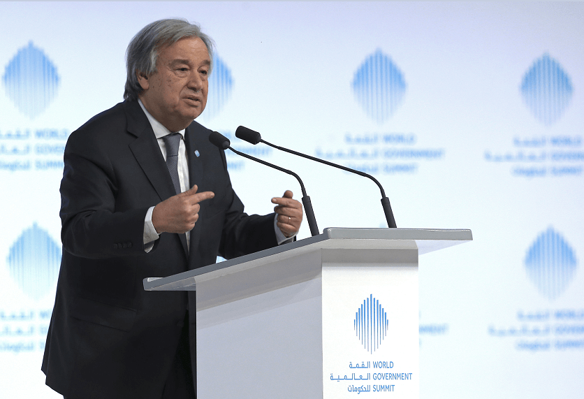 El Secretario General de las Naciones Unidas, Antonio Guterres, habla durante el segundo día de la Cumbre Mundial del Gobierno en Dubai, Emiratos Árabes Unidos. (AP)