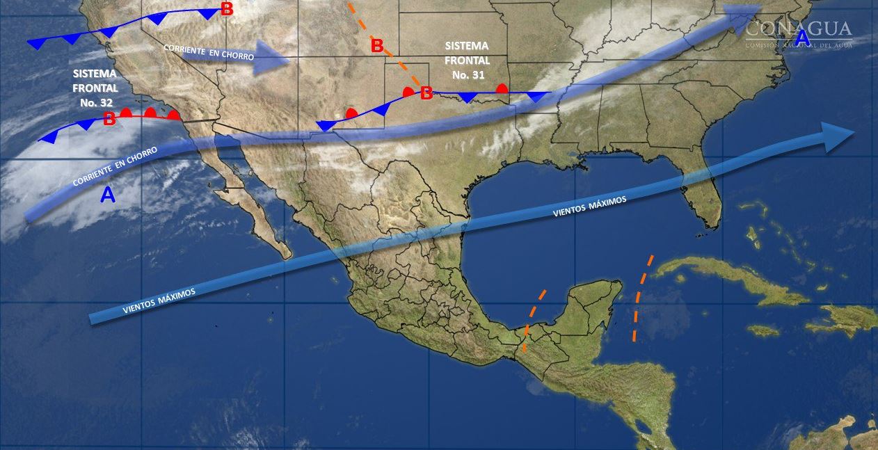 Mapa con el pronóstico del clima para este 27 de febrero; pronostican vientos fuertes el norte y noroeste de México. (SMN)