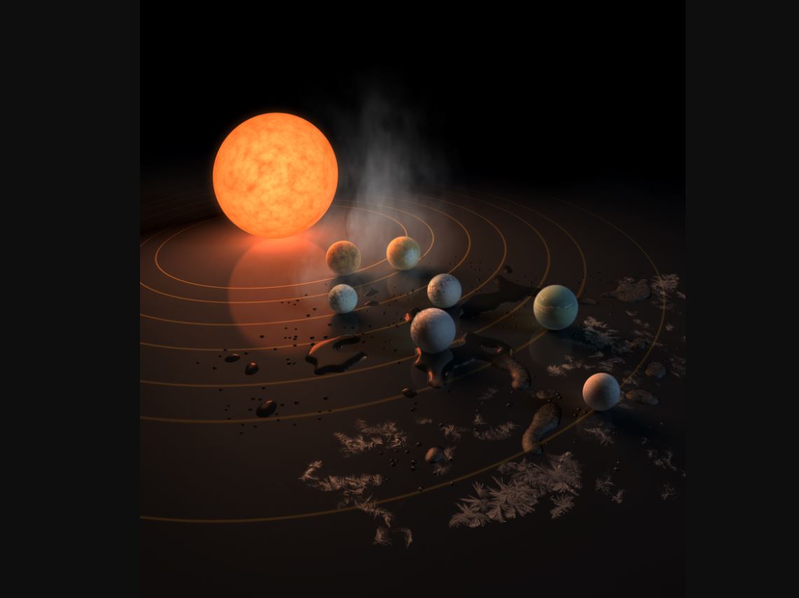 La estrella TRAPPIST-1, una enana ultra-cool, tiene siete planetas del tamaño de la Tierra que orbitan. El concepto de este artista apareció en la portada de la revista Nature el 23 de febrero de 2017. (NASA)