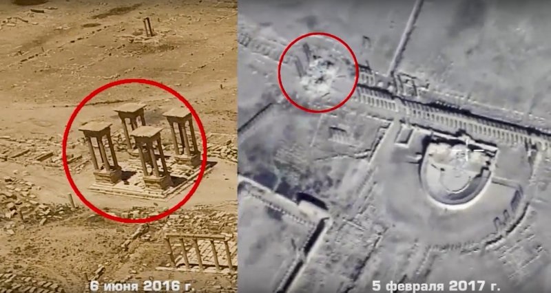 Imágenes de drones lanzado por el Ministerio de Defensa ruso muestran los restos de un anfiteatro romano de Palmira, en Siria (AP)