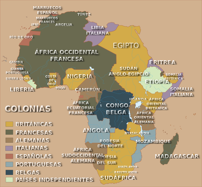 Divisón política colonial de África después de la Conferencia de Berlín y antes del fin de la Primera Guerra Mundial