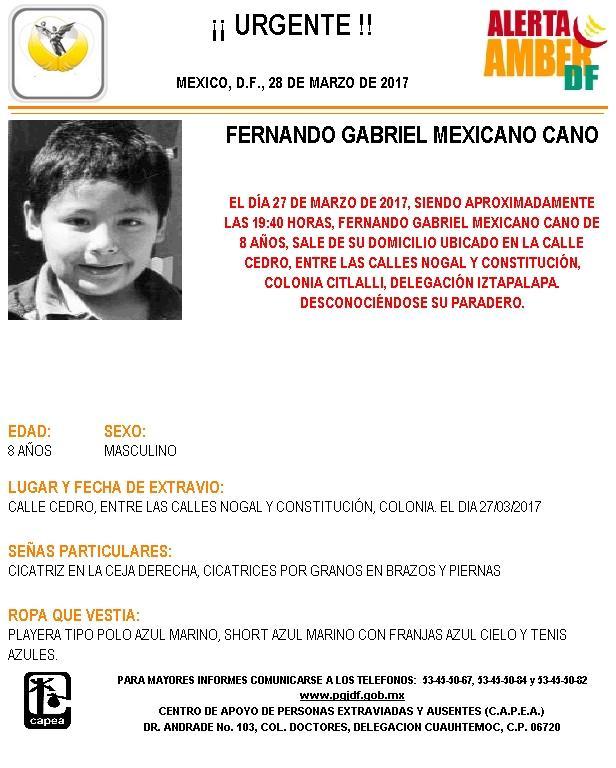 Activan Alerta Amber para localizar a Fernando Gabriel Mexicano Cano, de 8 años de edad, extraviado en Iztapalapa. (PGJCDMX)