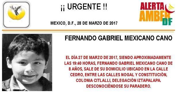 Activan Alerta Amber para localizar a Fernando Gabriel Mexicano Cano, de 8 años, extraviado en Iztapalapa. (PGJCDMX)