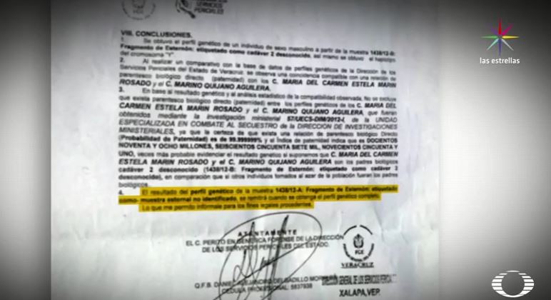 Documento que muestra coincidencia genética del cuerpo del esposos de Minerva Espinosa  (Noticieros Televisa)