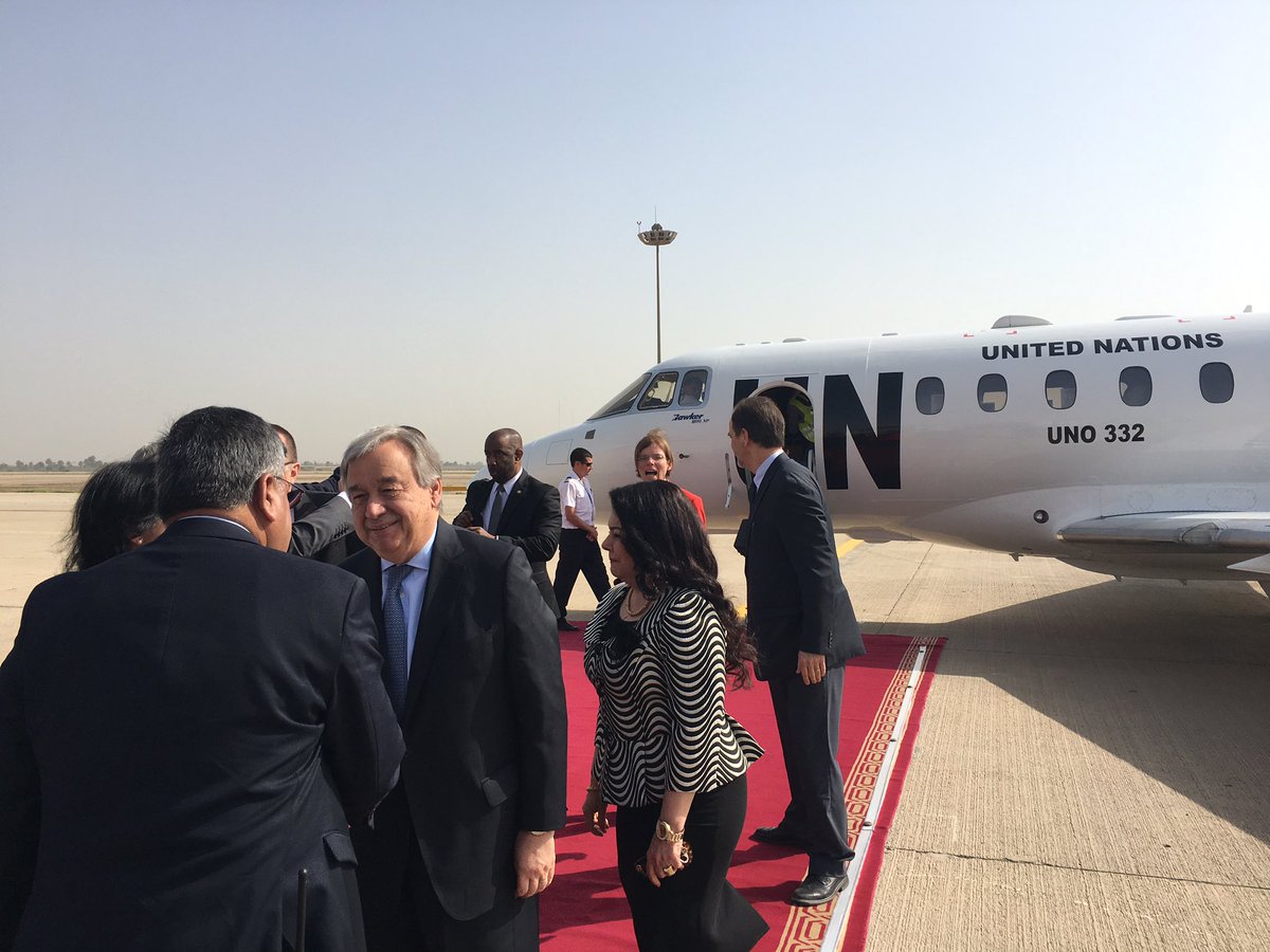 Antonio Guterres aterrizó en Bagdad para centrarse en la penosa situación humanitaria. (Twitter: @antonioguterres)