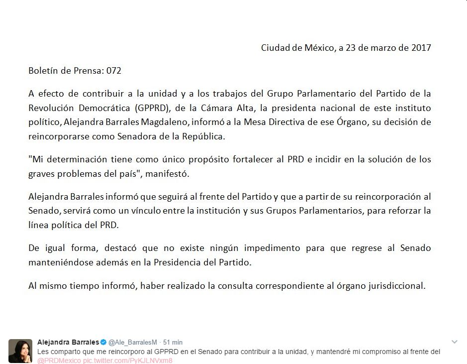 Alejandra Barrales comparte en su cuenta de Twitter la carta que envió a la Mesa Directiva del Senado, para solicitar su retorno a las actividades legislativas. (@Ale_BarralesM)
