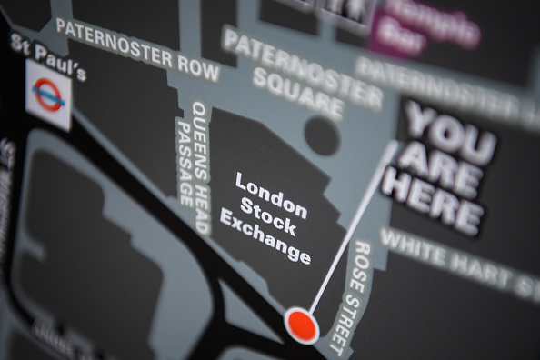 Un mapa muestra la ubicación de la Bolsa de Londres en el Distrito financiero. (Getty Images)