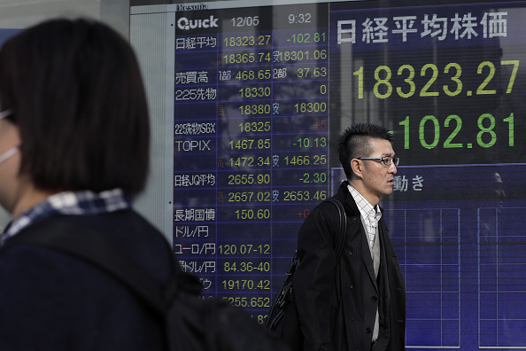 Resultados de la Bolsa de Tokio en un tablero electrónico. (Getty Images)