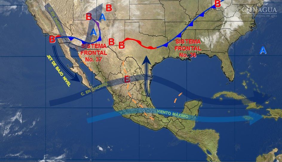 Mapa con el pronóstico del clima para este 28 de marzo; frente frío 37 generará vientos fuertes en el norte y noroeste de México. (SMN)