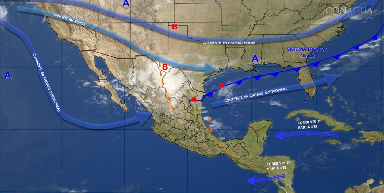 Mapa con el pronóstico del clima para este 9 de marzo; frente frío 33 provocará vientos fuertes en Coahuila, Nuevo León y Tamaulipas. (SMN)