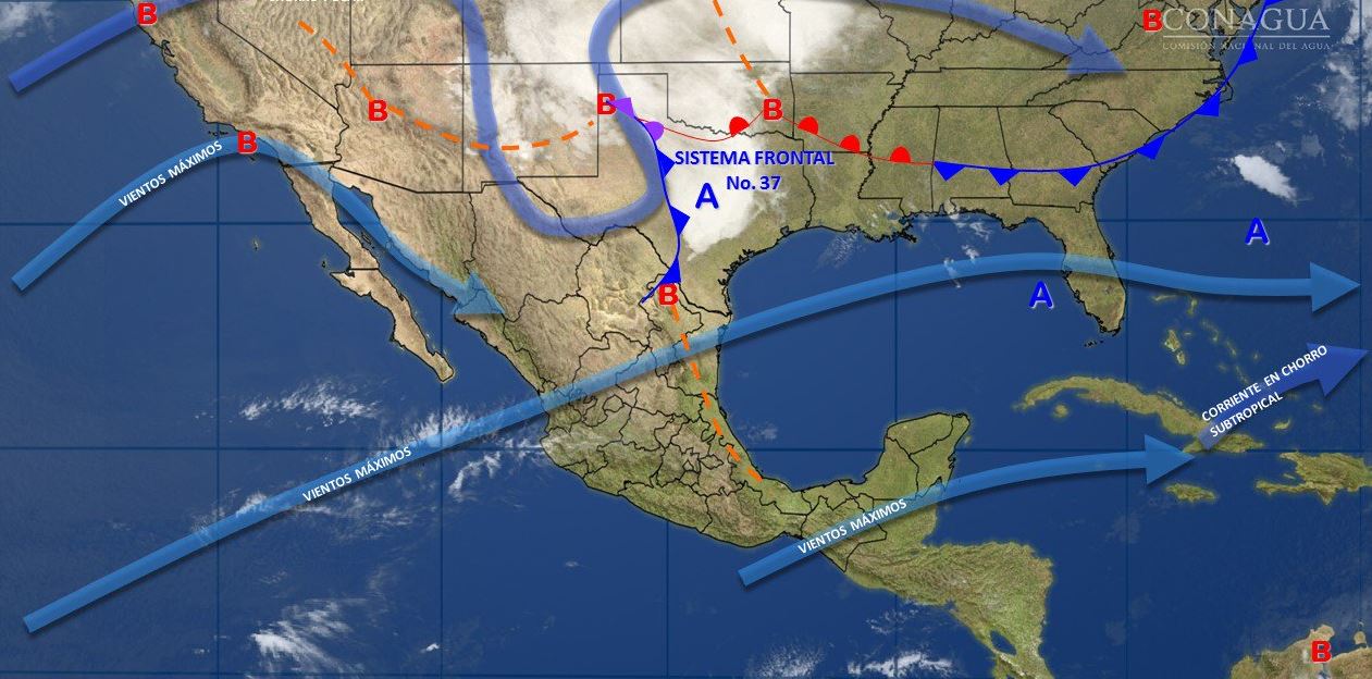 Mapa con el pronóstico del clima para este 29 de marzo; frente frío 37 provoca vientos fuertes en el norte de México. (SMN)