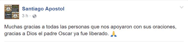 Confirma Diócesis de Tampico liberación de sacerdote secuestrado. (Facebook Santiago Apostol)
