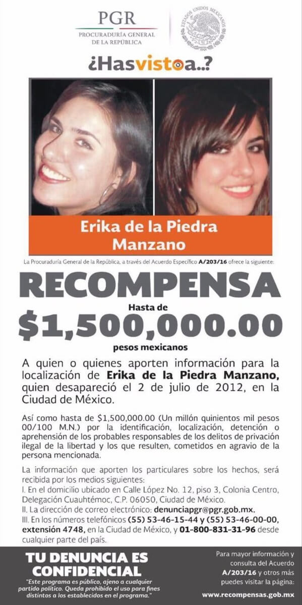 Érika de la Piedra desapareció al salir de un centro comercial ubicado en Avenida Cuauhtémoc en la Ciudad de México. (PGR)