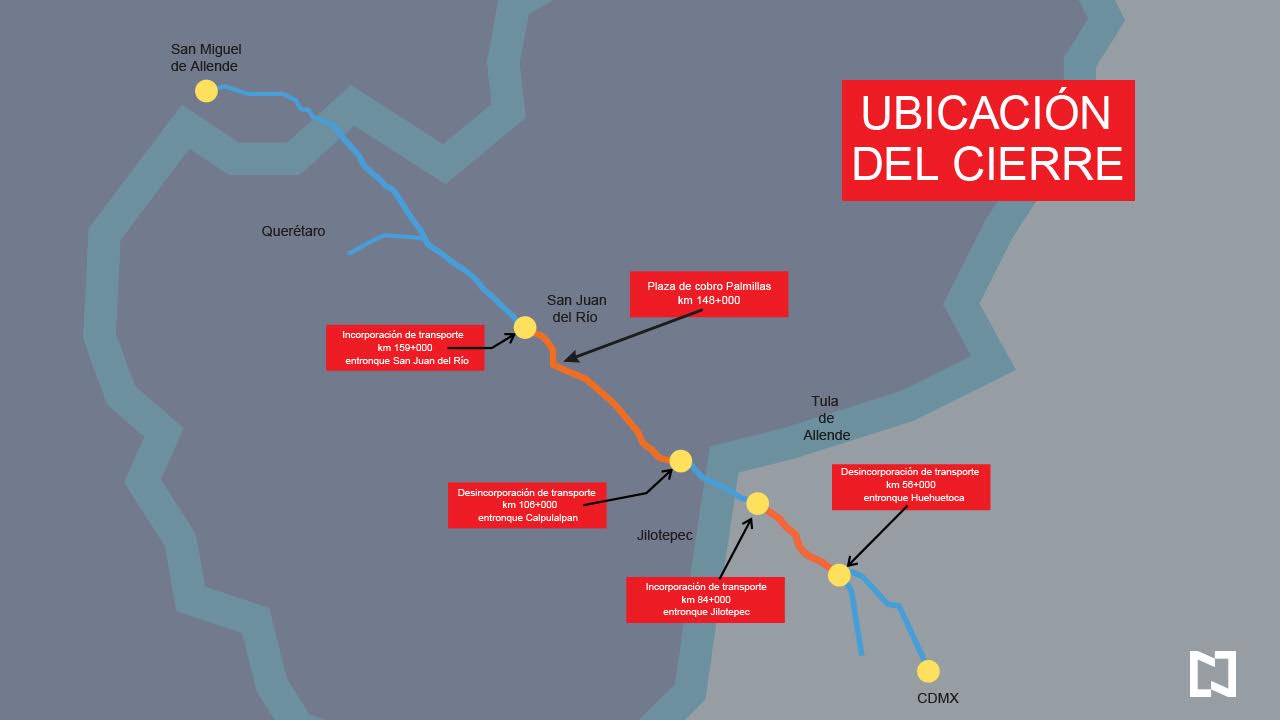 Mapa con la ubicación de los cierres en la autopista México-Querétaro. (Noticieros Televisa)