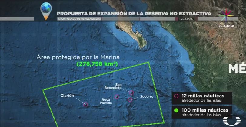 Mapa de la propuesta para extender la zona de exclusion de pesca en las Islas Revillagigedo (Noticieros Televisa)