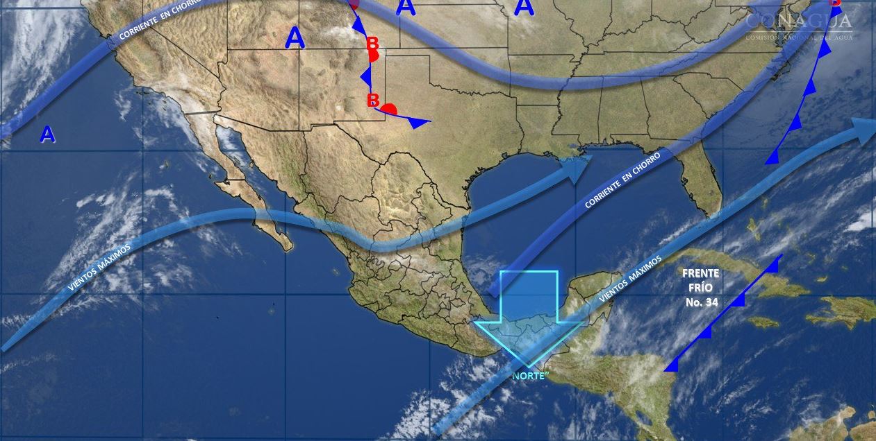 Mapa con el pronóstico del clima para este 15 de marzo; frente frío 34 provoca lluvia en gran parte de México. (SMN)