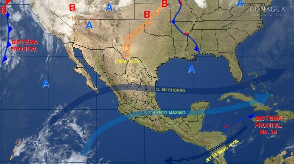 Mapa con el pronóstico del clima para este 20 de marzo; pronostican fuertes vientos y lluvias para el centro de México. (SMN)