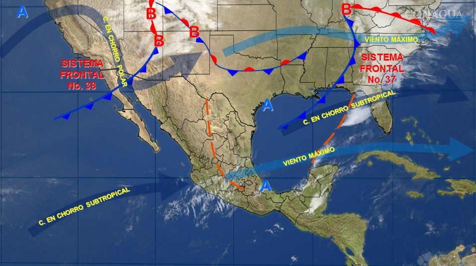 Mapa con el pronóstico del clima para este 31 de marzo; frente frío 37 provocará lluvias en el oriente y sureste de México. (SMN)