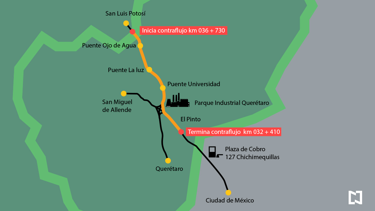 Mapa del contraflujo en la autopista México-Querétaro (Noticieros Televisa)