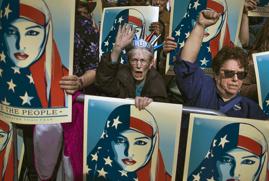 Protestas del 19 de febrero de 2017, en Times Square, Nueva York, en contra del veto migratorio de Trump. (AP, archivo)