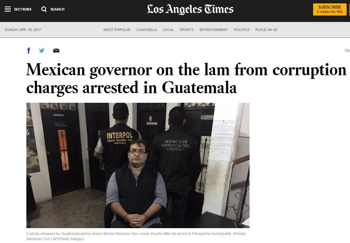 La prensa estadunidense reportó ampliamente este domingo la detención de Javier Duarte (Los Angeles Post)