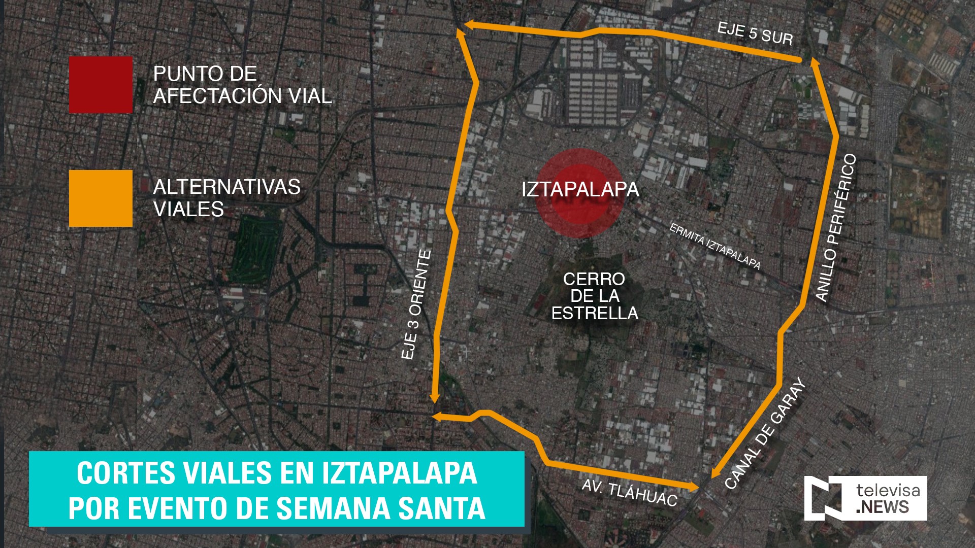 Mapa de cortes viales en Iztapalapa. (Noticieros Televisa)