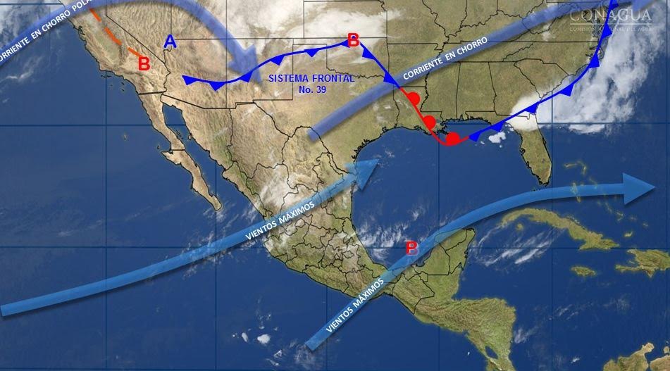 Mapa con el pronóstico del clima para este 4 de abril; frente frío 39 provocará vientos fuertes en el norte de México. (SMN)