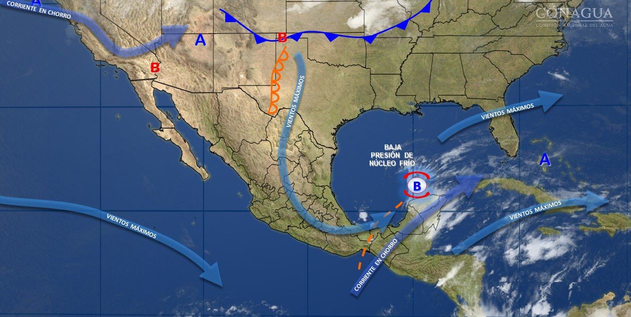 Mapa con el pronóstico del clima para este 20 de abril; baja presión provocará tormentas en el sur y sureste de México. (SMN)