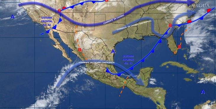 Mapa con el pronóstico del clima para este 24 de abril; el frente frío 41 provocará lluvias en el sureste de México. (SMN)