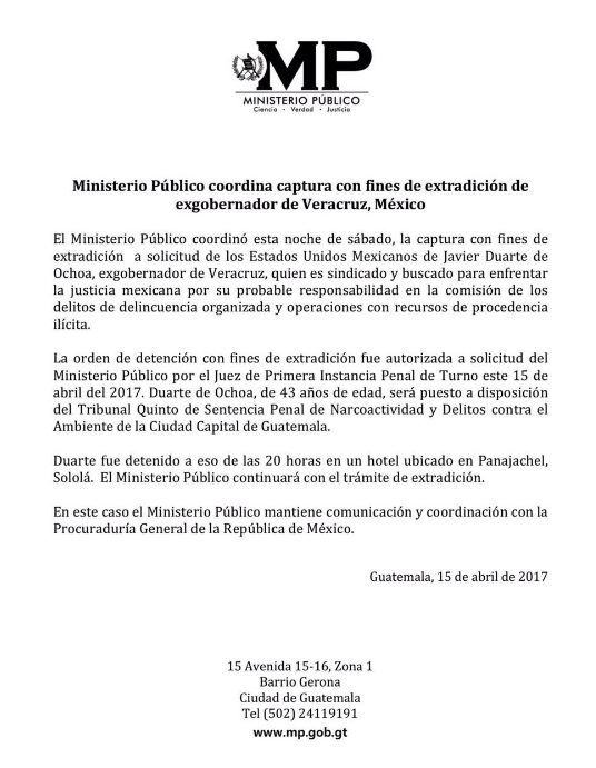 Ministerio Público de Guatemala confirma detención con fines de extradición de Javier Duarte