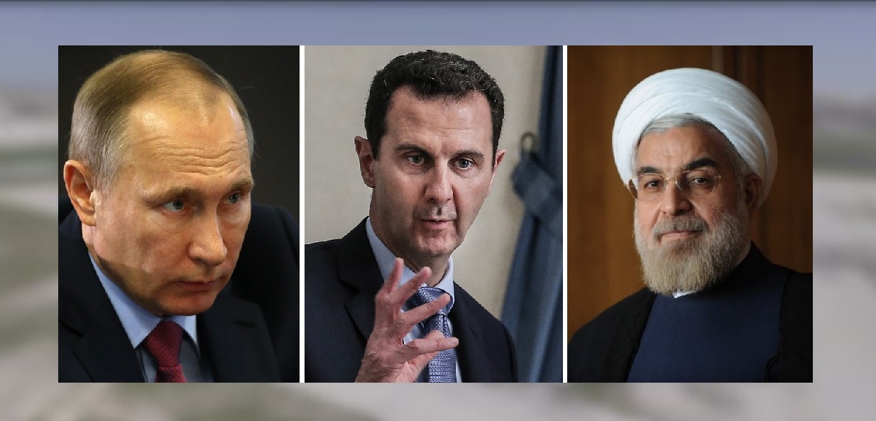 Ftografía que muestra a los presidentes de Rusia, Vladimir Putin (i), de siria, Bashar al Assad (c), y de Irán, Hasán Rouhaní (d)