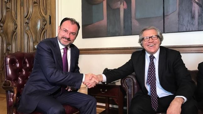 La mañana de este miércoles, el secretario de Relaciones Exteriores, Luis Videgaray, se reunió con Luis Almagro, secretario general de la Organización de los Estados Americanos (OEA). (Notimex)
