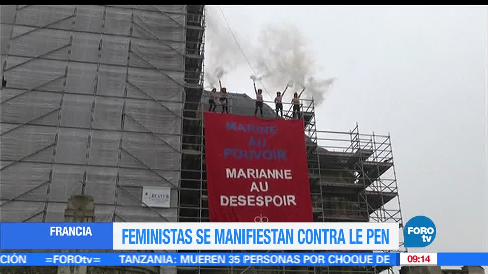 grupo de feministas, manifestaron, alto de una iglesia, Marine Le Pen