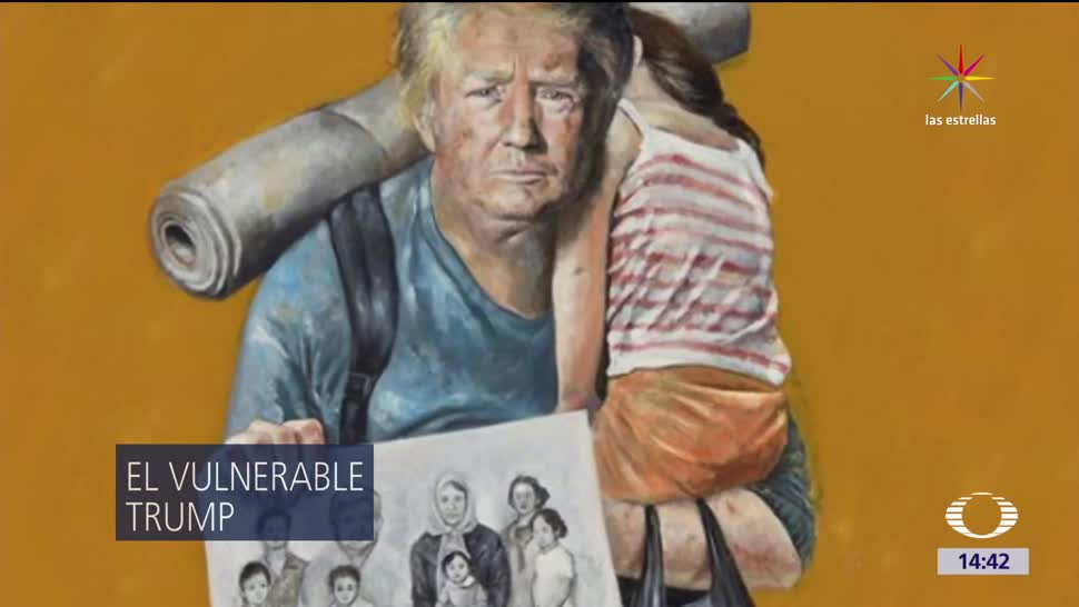 Artista Abdallah Omari, sirio, dibuja a un Trump, temeroso