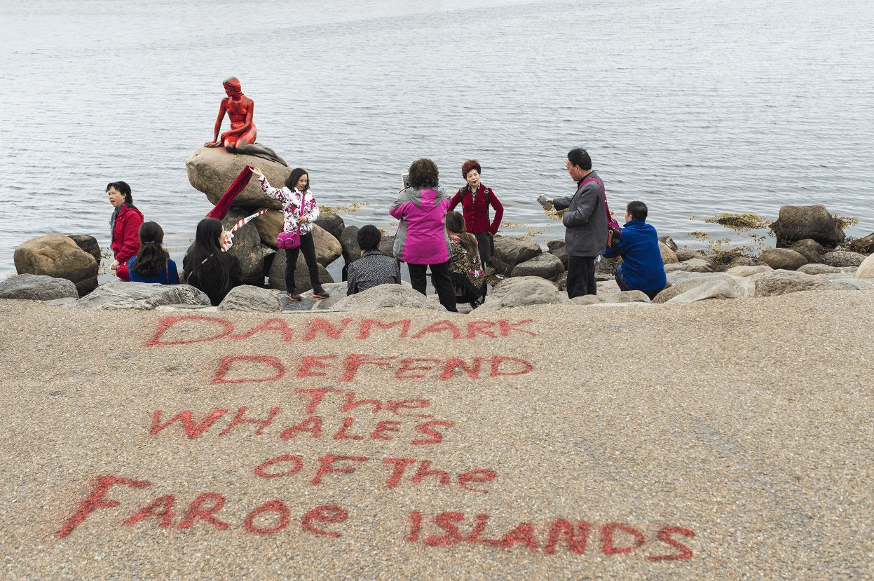 'Dinamarca, defiende a las ballenas de las Islas Feroe', fue el mensaje que apareció junto a la escultura