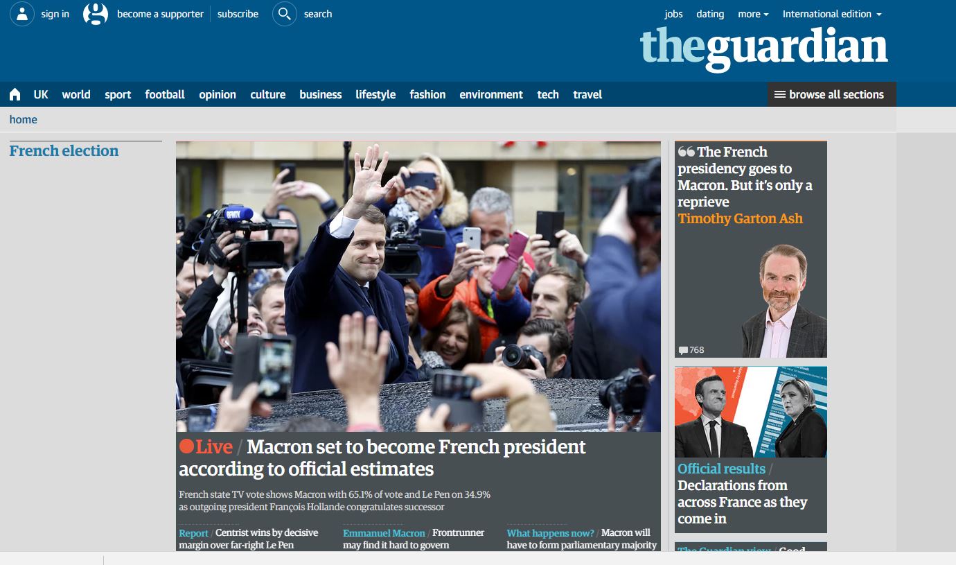 Los principales medios de comunicación internacionales destacaron el triunfo de Emmanuel Macron. (www.theguardian.com)