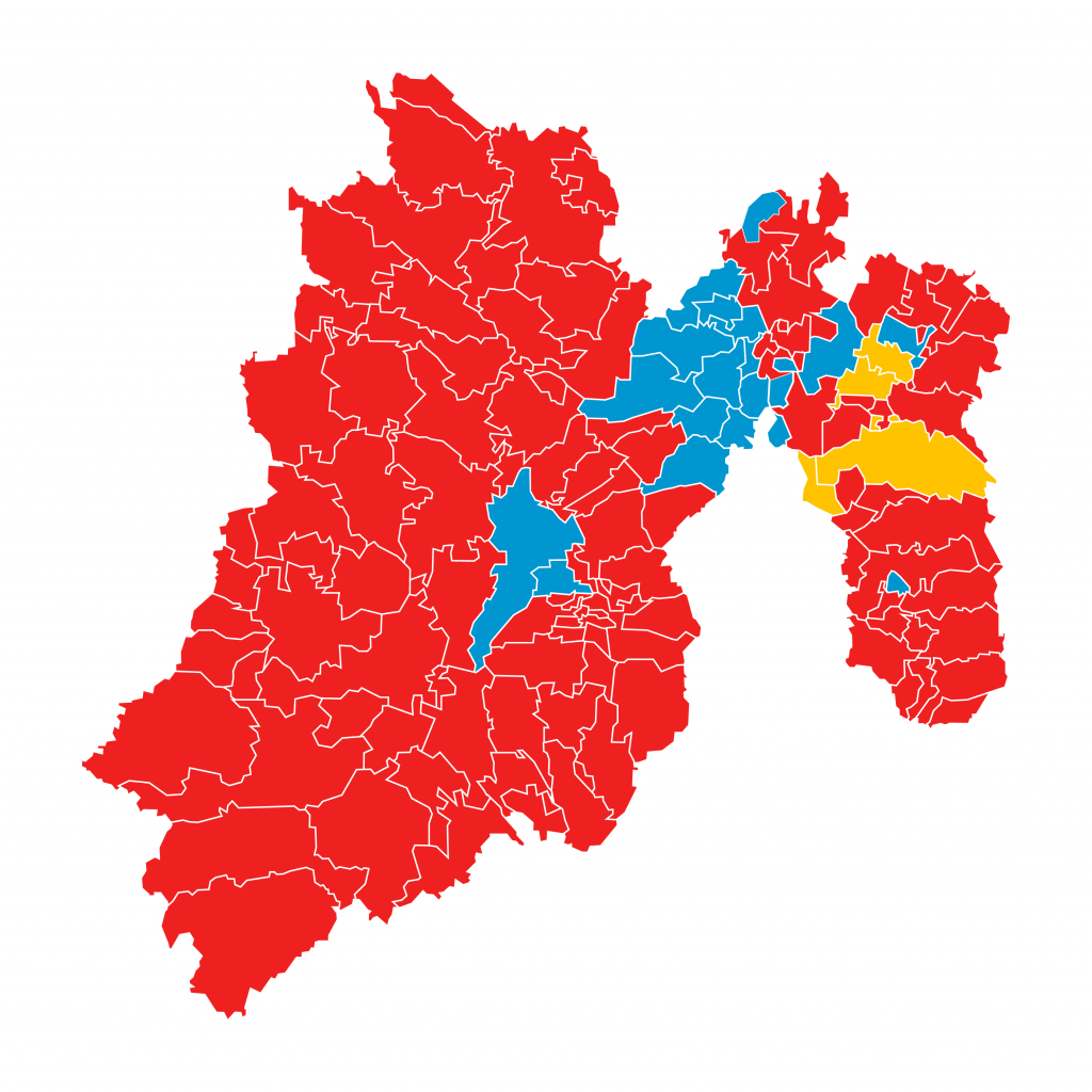 Elecciones de gobernador en 1999. El rojo indica triunfo de PRI, el azul del PAN y el amarillo del PRD.