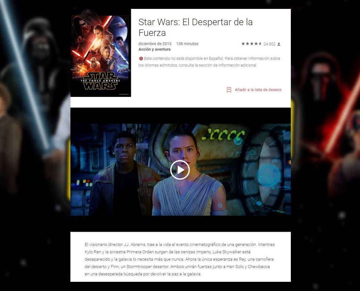 'El Despertar de la Fuerza' es una de las más películas más descargadas en Google Play. (Google)