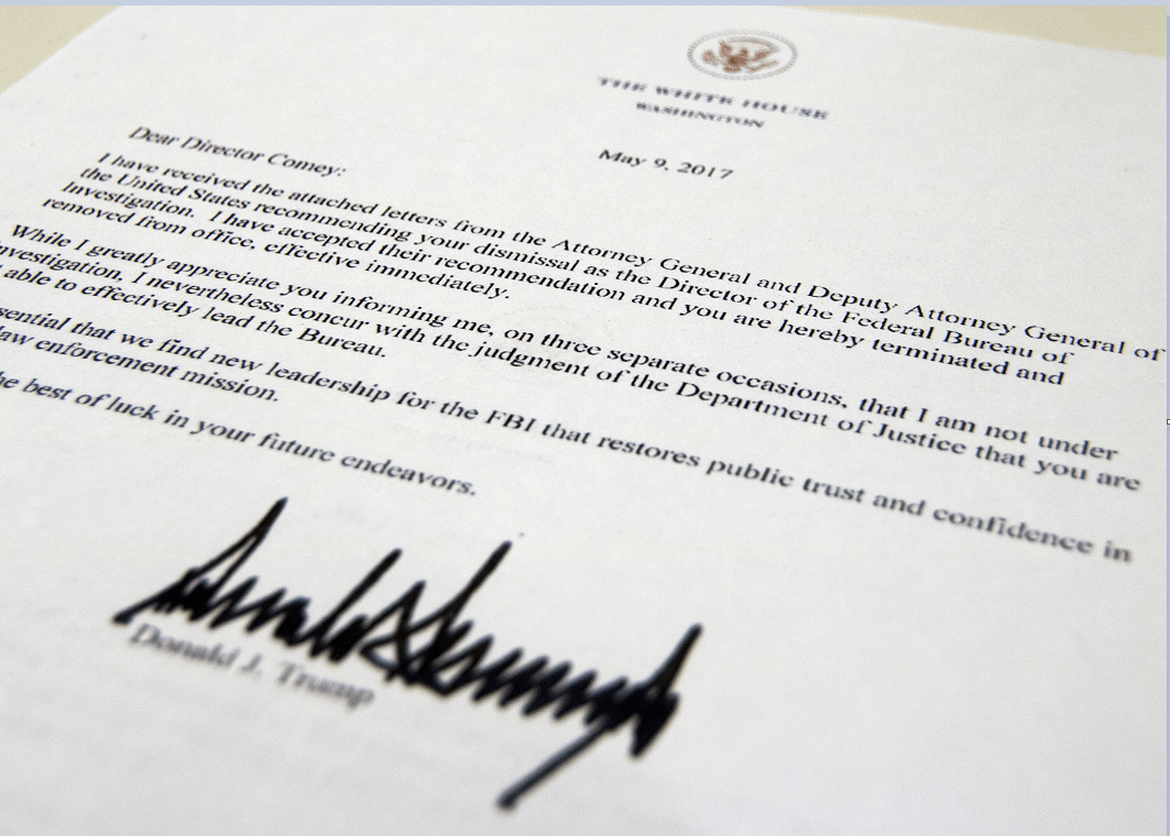 Carta de despido, enviada por Trump a Comey