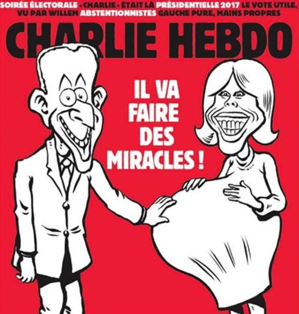 La revista Charlie Hebdo con una caricatura con Macron apoyando una mano sobre el estómago embarazado de su esposa con el título: "¡Va a hacer milagros!" (Foto: Charlie Hebdo)