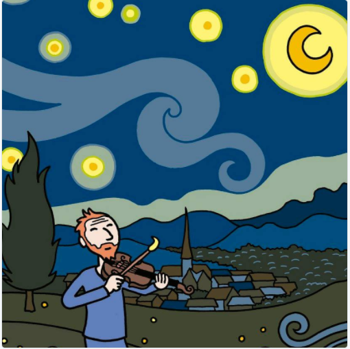 Una de las imágenes del cómic Vincent, donde se aprecia al pintor tocando un violín