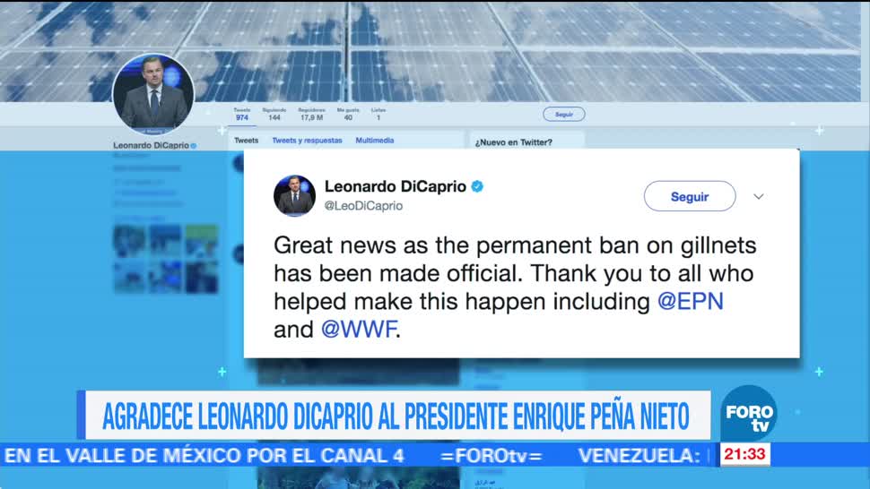 DiCaprio, agradece a EPN, prohibición de redes, Twitter